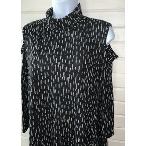 Clara Sun Woo Sz SMALL Black White Dash Dots Cold Shoulder Tunic Made in USA EUC